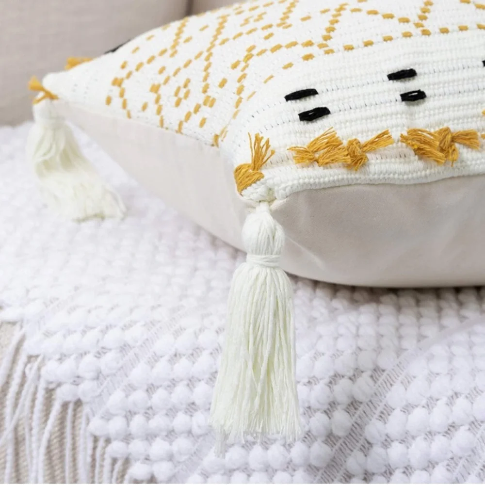 Luxury Home | Boho Yellow & Ivory Moroccan Weave Tassel Throw Pillow Cover